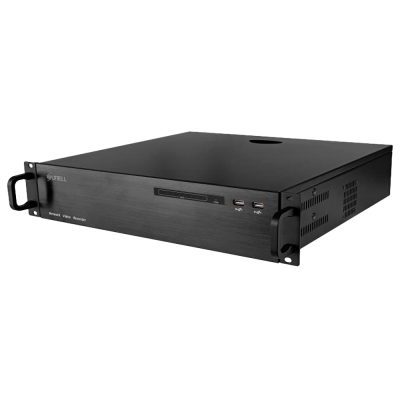 Gravador de vídeo de rede preto Sunell com painel frontal em metal escovado e portas USB.