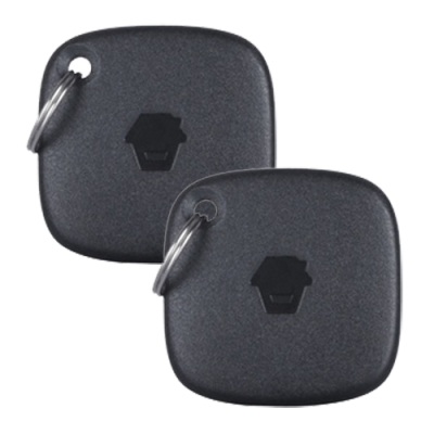 Dois dispositivos quadrados pequenos pretos com cantos arredondados e ícone de casa