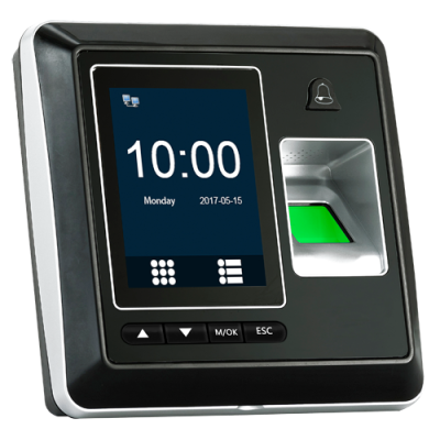 Leitor biométrico digital preto e prateado com ecrã a cores e leitor de impressão digital verde