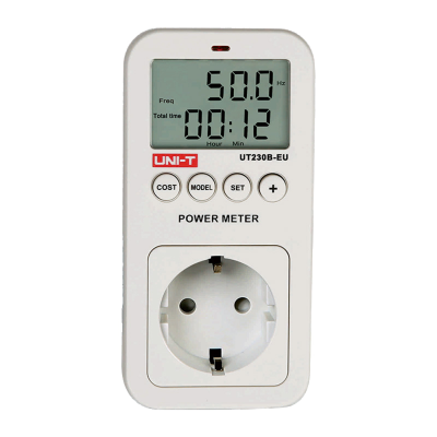 Medidor de potência elétrico branco modelo UNI-T UT230B-EU com tela digital e tomada tipo europeu