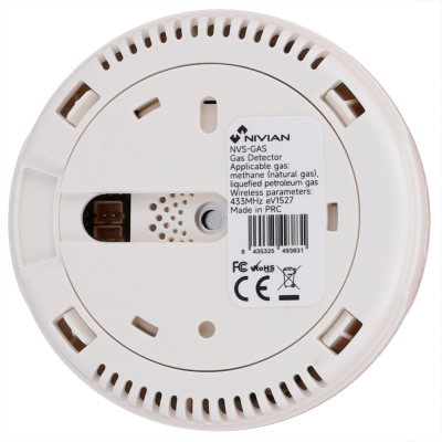Detector de gás branco redondo NIVIAN com etiqueta e símbolos em fundo castanho