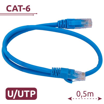 Cabo de rede azul CAT-6 com conectores RJ45 e comprimento 0,5m