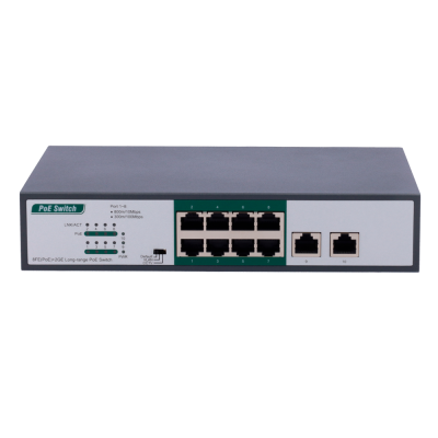 Comutador PoE preto e cinzento com 8 portas Ethernet e indicadores LED