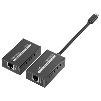 Extensores HDMI 4K preto com etiquetas e portas RJ45 CAT6