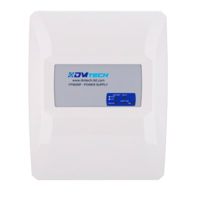 Fonte de alimentação branca DMTECH FP9000P com painel cinza e etiqueta azul