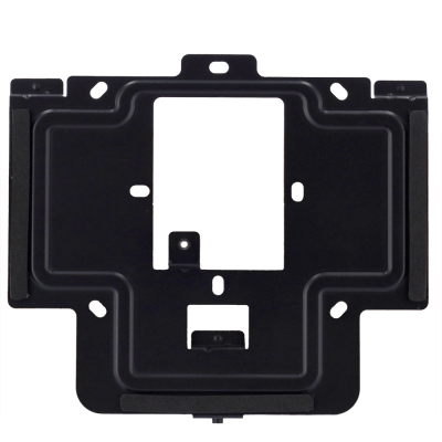 Suporte de metal preto com vários furos e aberturas