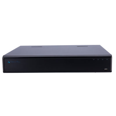 Dispositivo eletrónico preto com painel frontal escuro, indicadores luminosos, logo X Security e porta USB