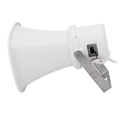 Megafone branco com suporte metálico prateado em fundo branco