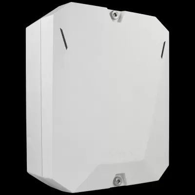 Central de alarme de segurança branca com acabamento poligonal e texto AJAX