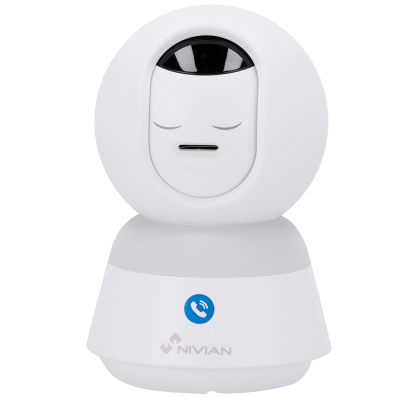 Câmara de vídeo branca com rosto estilizado e lente preta