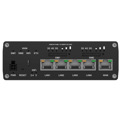 Painel traseiro de dispositivo eletrônico preto com várias portas LAN, WAN, ranhuras SIM e botões.