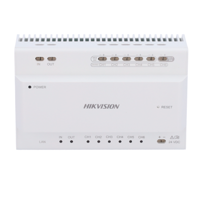dispositivo eletrônico Hikvision branco com indicadores LED e interruptores para canais