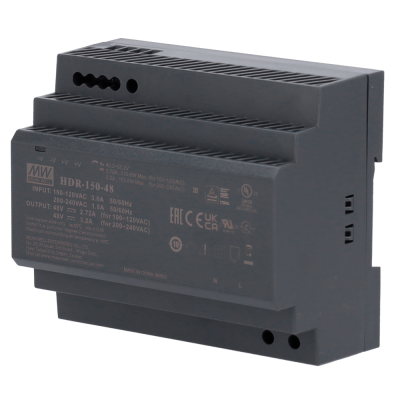 Fonte de alimentação MEAN WELL HDR-150-48 preta com texto técnico impresso