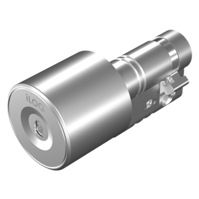 Cilindro de fechadura metálico prateado com a marca iLOQ