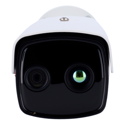 Câmara de segurança branca com duas lentes pretas em fundo claro