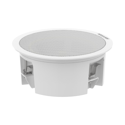 Coluna de teto branca redonda com grelha metálica e texto KINSDON