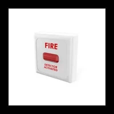 Dispositivo de alarme de incêndio branco com texto vermelho