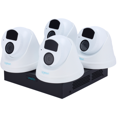 Conjunto de câmaras de segurança brancas montadas numa base preta