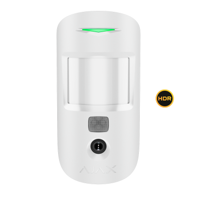 Sensor de movimento branco com lente de câmara e luz verde