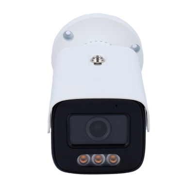 Câmara de vigilância branca com lente preta e três luzes LED