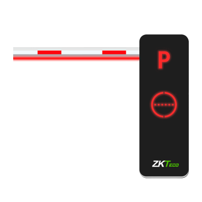 Barreira automática para controlo de acesso com braço vermelho e branco e suporte preto com luzes LED vermelhas