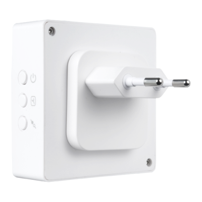 Dispositivo eletrónico branco com botões laterais e ficha de dois pinos