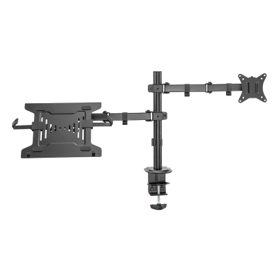 Suporte articulado preto para monitor e portátil com fixação para secretária