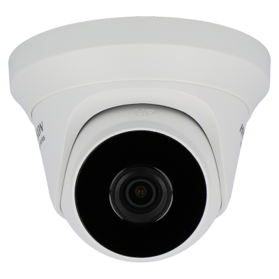 Câmara de segurança dome branca com lente preta e texto 'HIKVISION'