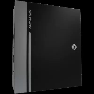 Armário metálico preto e cinza com fechadura, logo HIKVISION