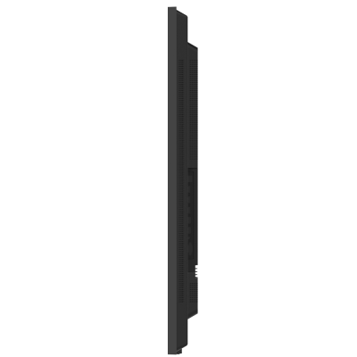 Monitor plano preto visto de lado com ventilações e conectores.