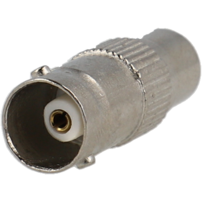 Conector BNC metálico com pino dourado central e isolador branco.