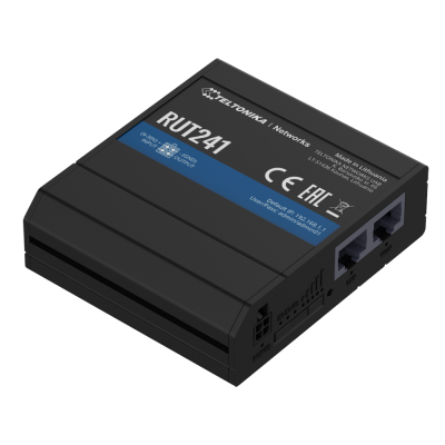 Roteador Teltonika RUT241 preto com duas portas Ethernet e etiqueta azul e preta