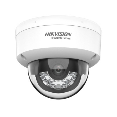 Câmara de vigilância dome branca com texto HIKVISION HiWatch Series.