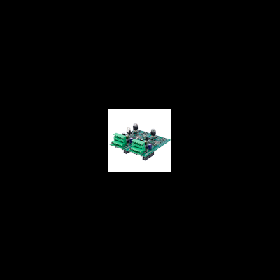 Placa eletrónica com conectores verdes, resistores e capacitores