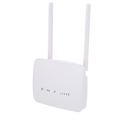 Roteador Wireless branco com duas antenas e indicadores LED