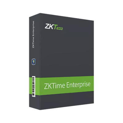 Caixa de software ZKTime Enterprise cinza escuro com faixa verde e textos brancos e verdes