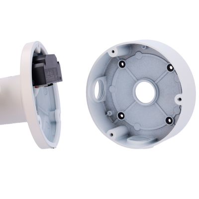 Suporte de montagem branco para câmara de vigilância com base metálica cinzenta