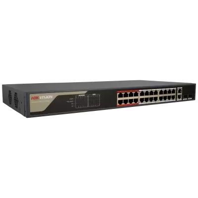 Switch de rede Hikvision Smart 10/100M PoE preto com 24 portas Ethernet e dois conectores SFP