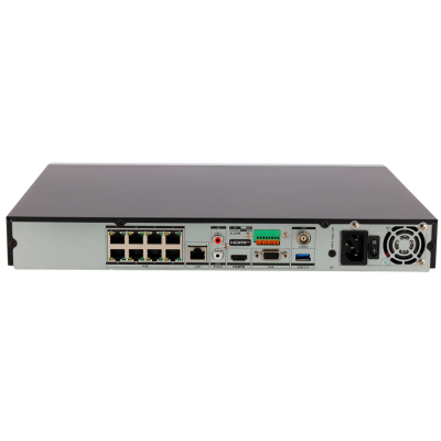 Dispositivo eletrônico cinza com diversas portas e conectores na parte traseira