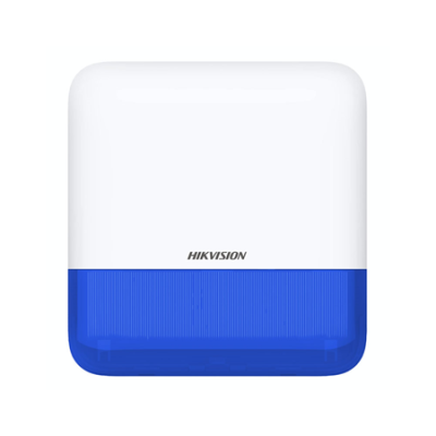Sirene eletrónica quadrada Hikvision branca com cobertura azul