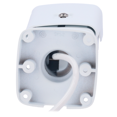 Base branca de suporte com cabo branco e parafuso metálico.