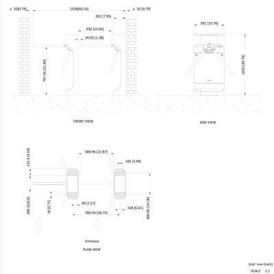 Desenho técnico de sistema de portões giratórios com medições detalhadas.