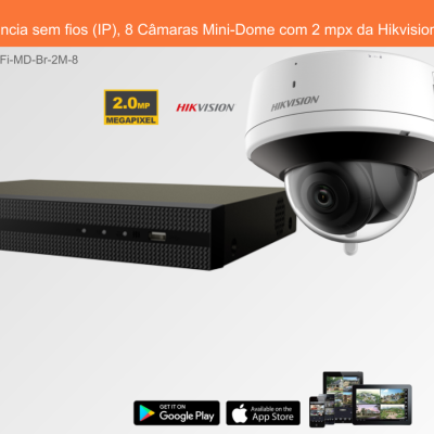 Sistema de videovigilância com 8 câmaras Mini-Dome brancas e gravador preto