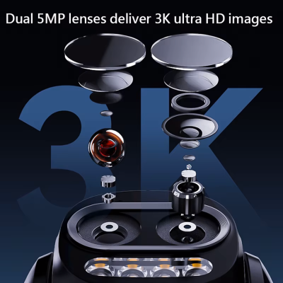 Lentes de câmara desmontadas com texto Dual 5MP lenses deliver 3K ultra HD images