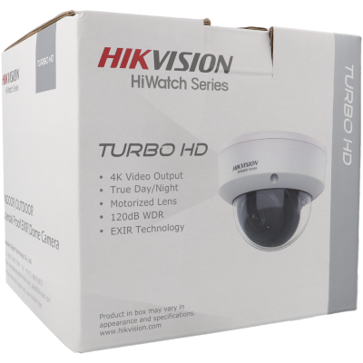 Embalagem branca com imagem e texto de câmara de segurança Hikvision HiWatch Series TURBO HD