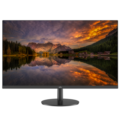 Monitor ultrawide preto com imagem de paisagem natural ao pôr do sol