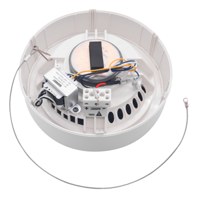 Caixa eletrónica redonda branca com componentes e fios coloridos à mostra