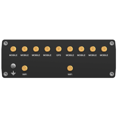 Painel preto com conectores dourados marcados para MOBILE, GPS e WiFi
