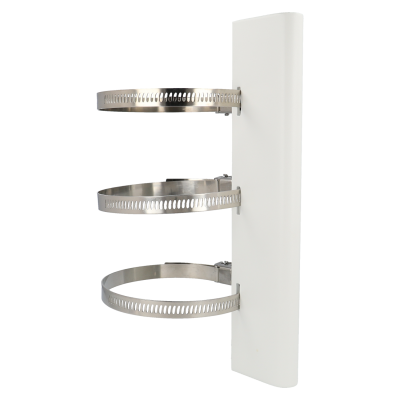 Suporte de parede branco com três braçadeiras metálicas ajustáveis.