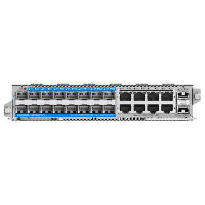 Painel frontal de equipamento de rede com portas de fibra ótica e Ethernet